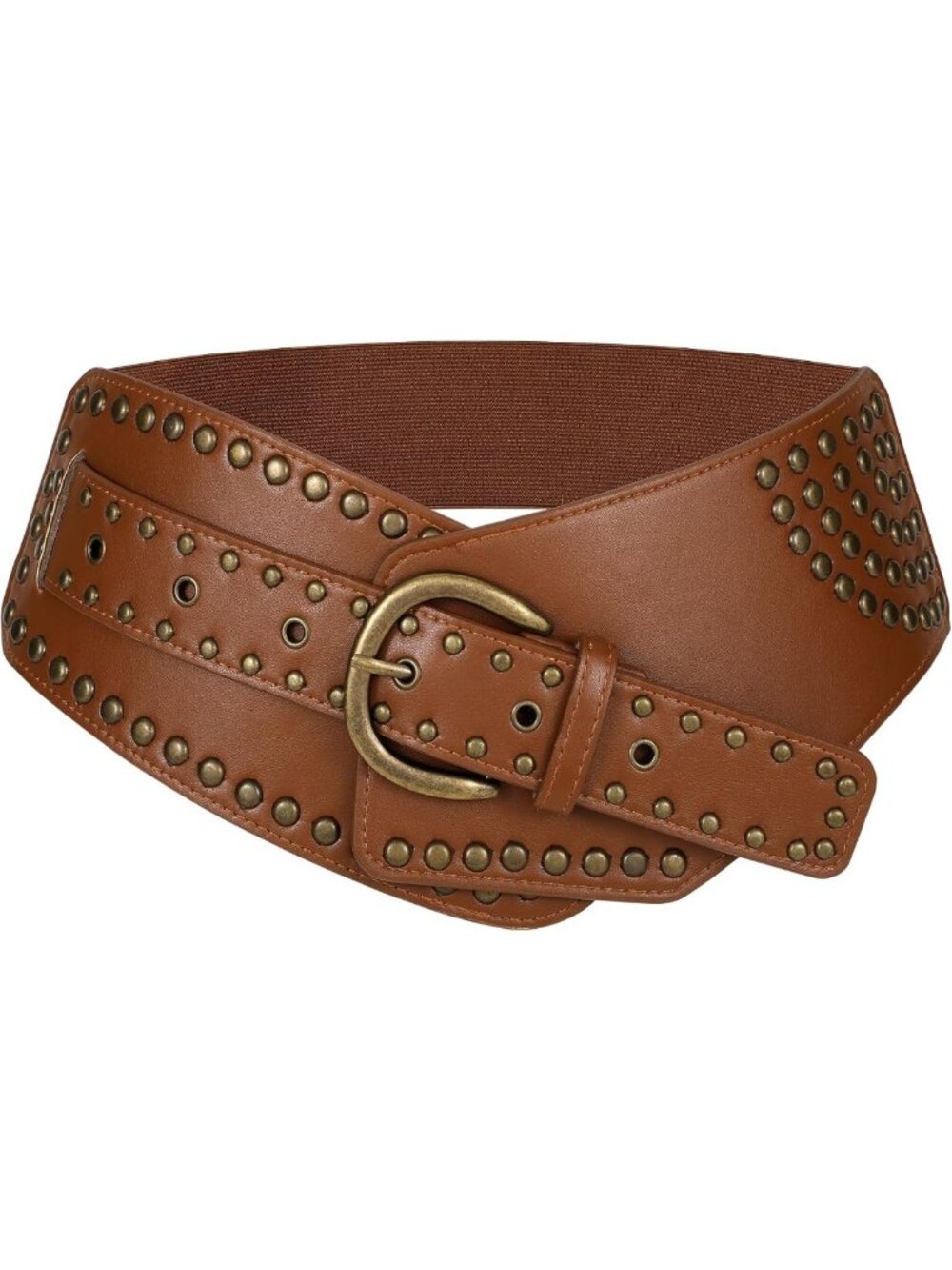 Vintage Wide Elastic Waist Belt with Studded Rivets & Metal Buckle - Stretchy